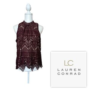 NWOT LC Lauren Conrad Women XL Lace overlay sleeveless Blouse in Burgundy lined